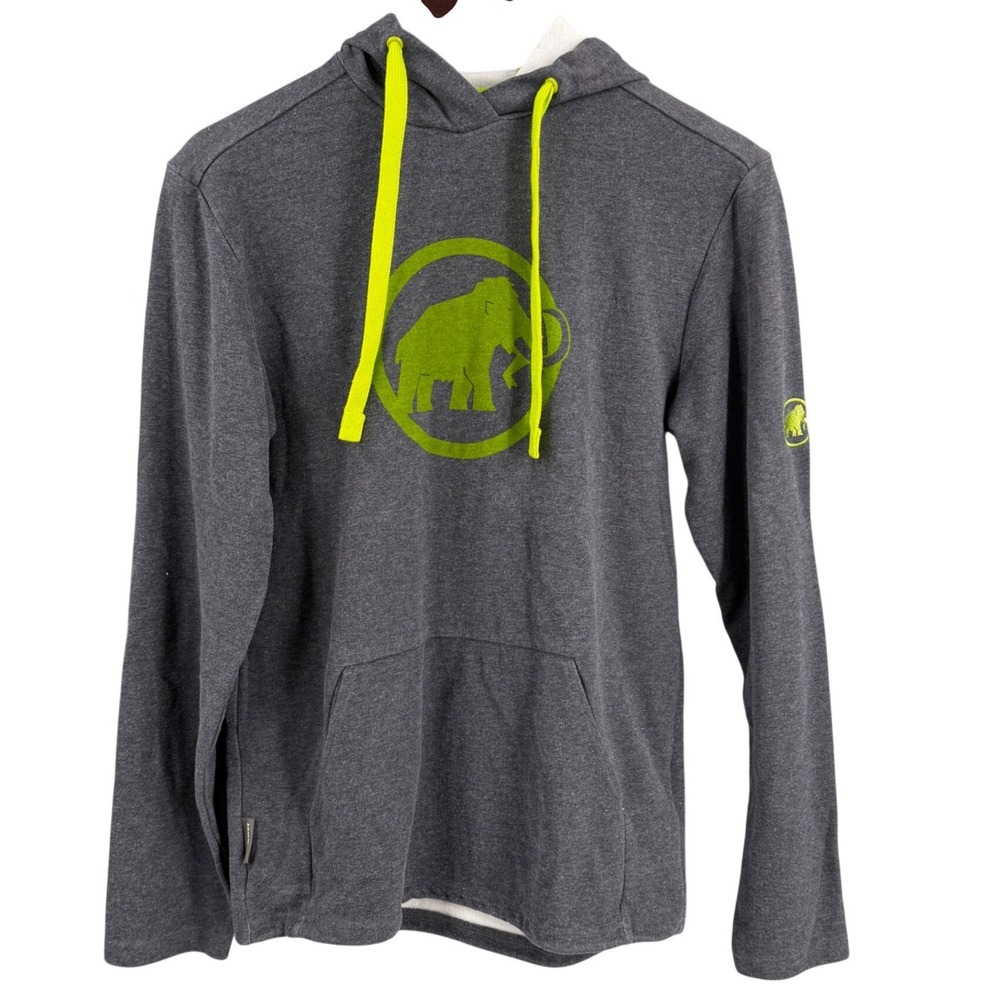 Mammut Hoodie Mens Small Gray Neon Green Logo Pullover Sweatshirt Hiking Outdoor